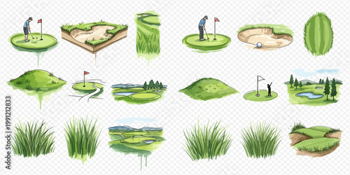 Watercolor golf course elements set with players, sand bunkers, greens, and grass illustrations.