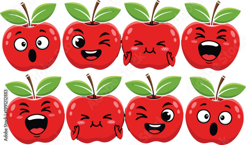 Kawaii red apple emoji set, cute cartoon fruit characters with funny facial expressions, 8 vector icons for kids education and healthy food branding