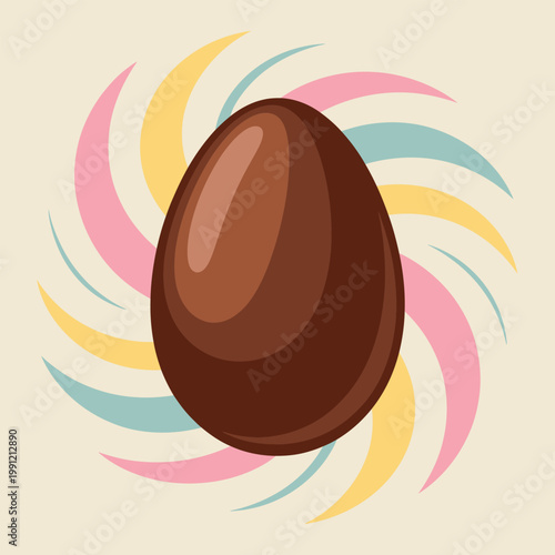 A shiny brown chocolate egg on a colorful swirling background