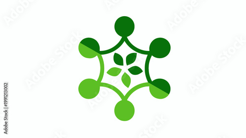 Modern green abstract icon with connected circular elements forming a harmonious network around a subtle leaf shape, symbolizing unity, environmental consciousness, growth, and collaborative synergy