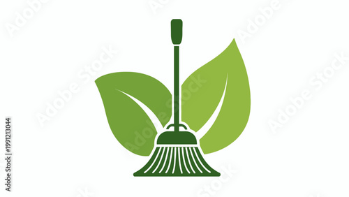 Green Cleaning Services Symbol Broom and Leaves Icon Representing Eco-Friendly Housekeeping and Sanitation Solutions