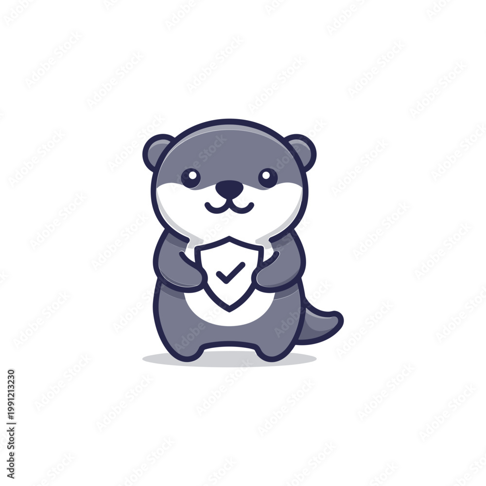 Naklejka premium Cute Otter Holding Shield with Checkmark Icon - Security and Protection Concept