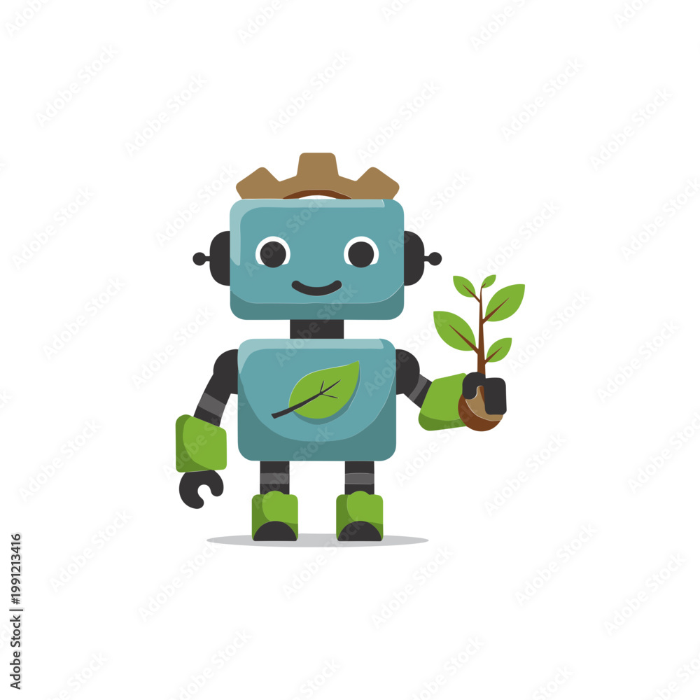 Obraz premium Cute Robot Holding Green Plant Sprout with Leaf Logo, Eco-friendly Technology Concept