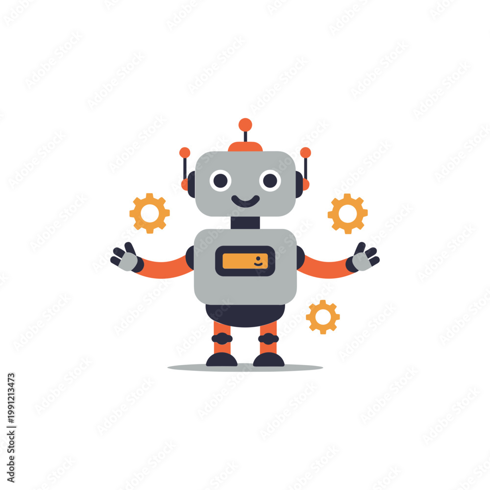 Fototapeta premium Cute robot with gears and antennae on white background