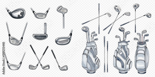 Collection of golf clubs, drivers, putters, and bags for the sport of golf.
