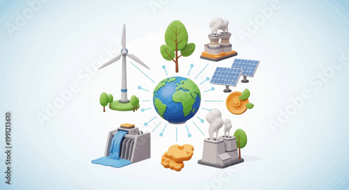 Earth surrounded by renewable energy and industrial icons illustration