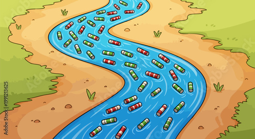 Environmental water pollution illustration with plastic bottles floating in river, ecological damage in nature landscape, waste contamination vector