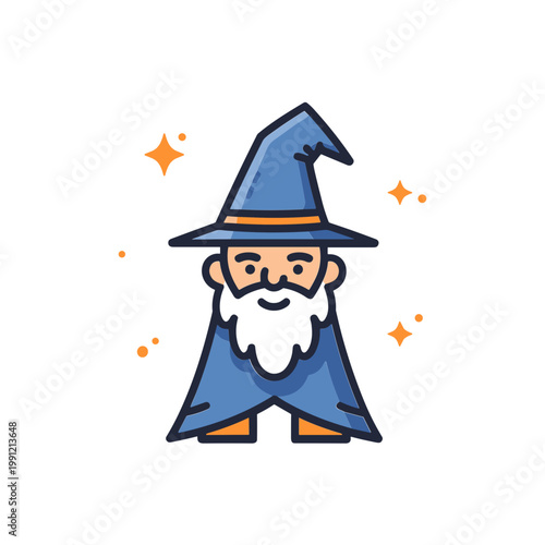 Cute Wizard Character with Beard and Magic Hat, Sparkles
