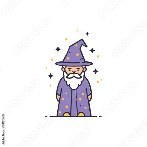 Cute Wizard Character with Magic Hat and Robe, Sparkles and Stars