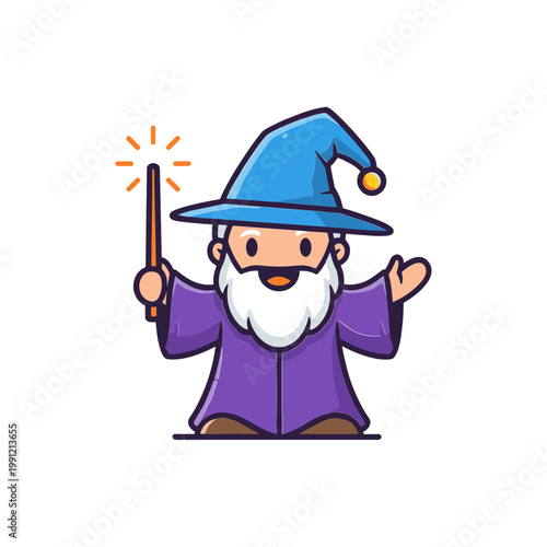 Cute Wizard Character with Magic Wand and Sparkles, Cartoon Style