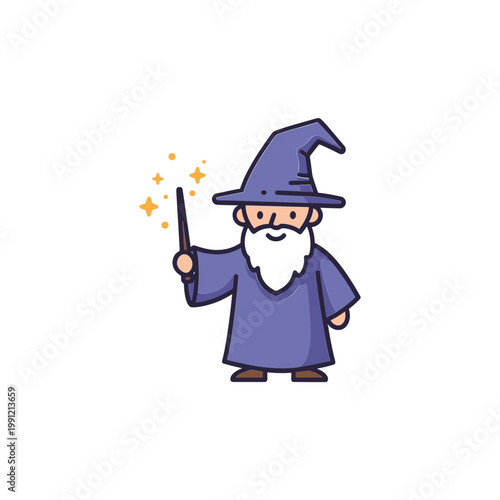 Cute Wizard Character with Magic Wand and Sparkles, Illustration