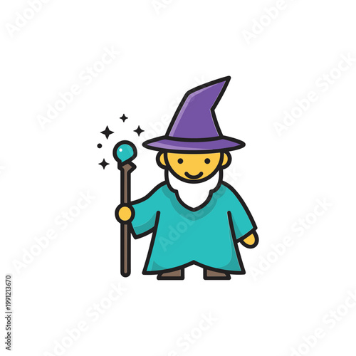 Cute Wizard Character with Magic Wand and Stars