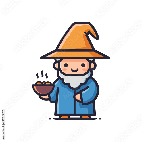 Cute Wizard Holding Bowl of Food, Fantasy Character Illustration