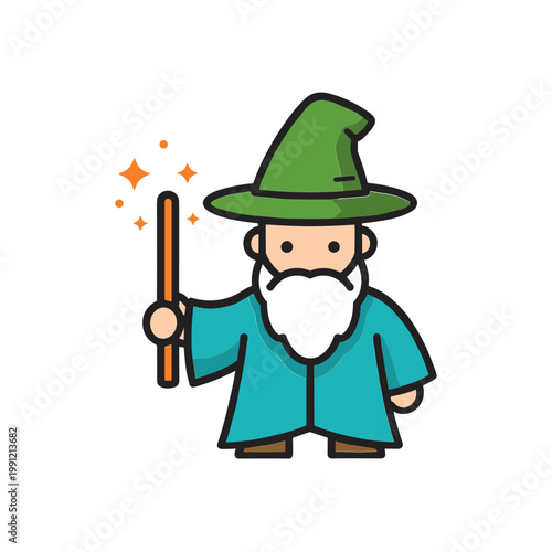 Cute Wizard Character with Wand and Magic Sparkles