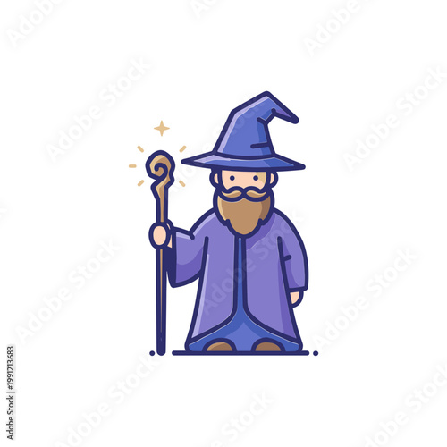 Cute Wizard with Magic Wand and Hat, Fantasy Character Illustration