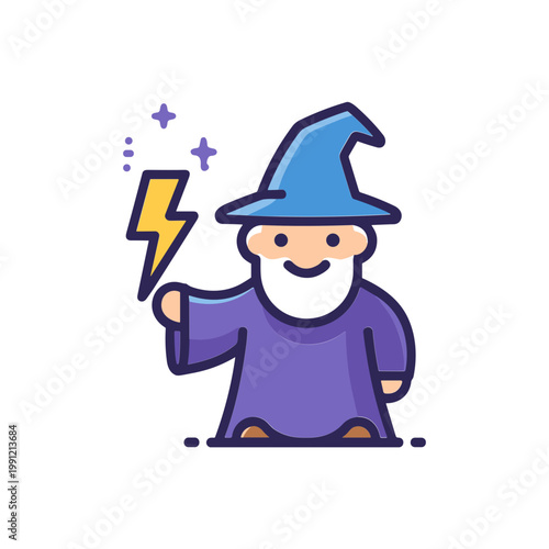 Cute Wizard Holding Lightning Bolt, Magic Power Concept