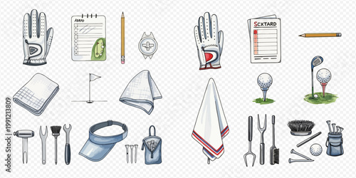 Set of golf equipment and accessories, including gloves, balls, tees, scorecards, and tools, hand-drawn vector illustration.