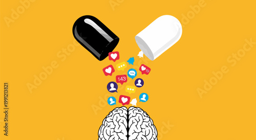 Social media addiction concept vector, black and white pill capsule releasing notification icons into human brain, digital dopamine and mental health illustration
