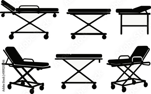 Medical stretcher gurney multiple views silhouette vector illustration set