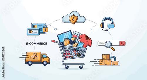 Ecommerce flat illustration with shopping cart and delivery truck