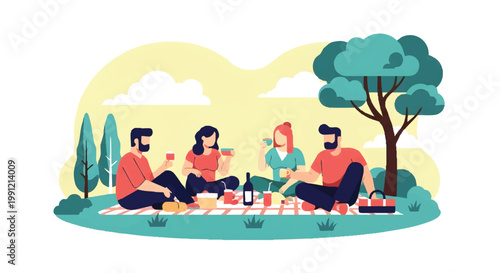 Group of Friends Enjoying Outdoor Picnic in Park, Summer Social Gathering and Leisure Activity Flat Vector Illustration