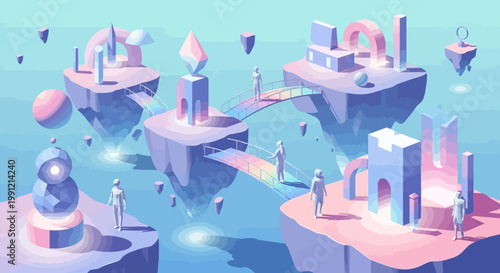 Abstract digital world with floating islands and human silhouettes