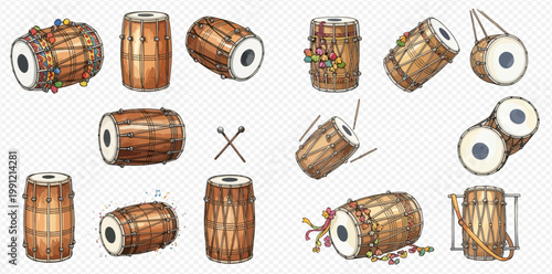 Set of traditional Indian dholak drums and percussion instruments in various poses, hand-drawn vector illustration.
