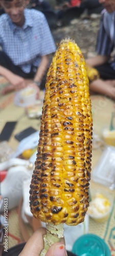 Golden grilled corn on the cob, beautifully charred and held in hand, captures a delicious moment of outdoor dining pleasure at a social gathering