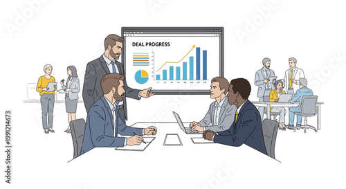 Business meeting, team discussing deal progress chart on screen, collaboration, strategy