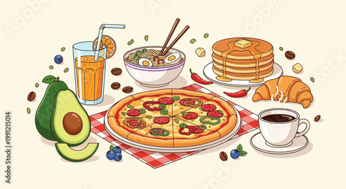Assorted popular food dishes illustration with pizza and ramen