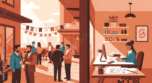 Corporate Office Life Concept Illustrating Networking on a Terrace and Professional Workspace Environment