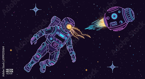 Astronaut floating in deep space with futuristic satellite probe
