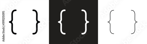 Set of linear curly brace icons with different stroke weights. Minimalist graphic elements for text formatting, programming, and mathematical formulas. Vector illustration.