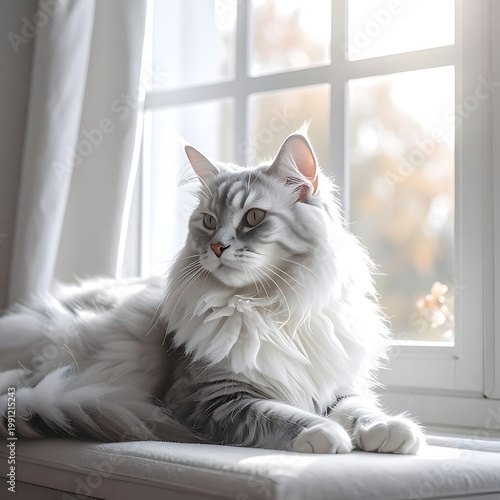 A serene cat lounges on a windowsill, basking in the soft sunlight