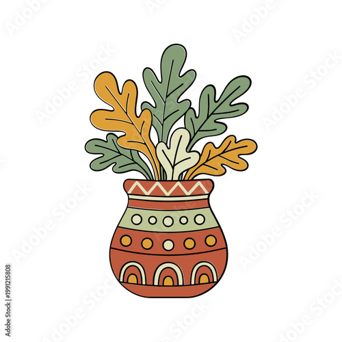 Decorative Ceramic Pot with Autumn Leaves, Hand-Drawn Style, Isolated on White