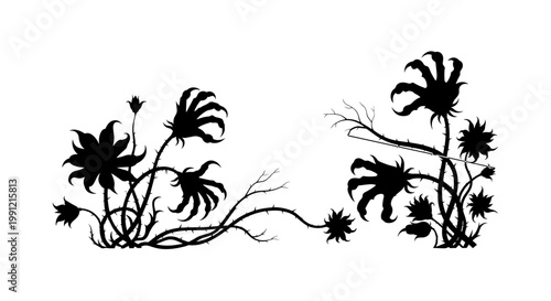 Dark Silhouette Floral Vines with Spiky Flowers and Thorns