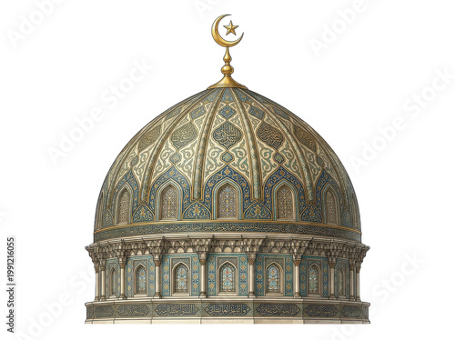 Intricately decorated islamic dome with crescent moon and star, featuring detailed geometric patterns and arched windows, set against a white background.