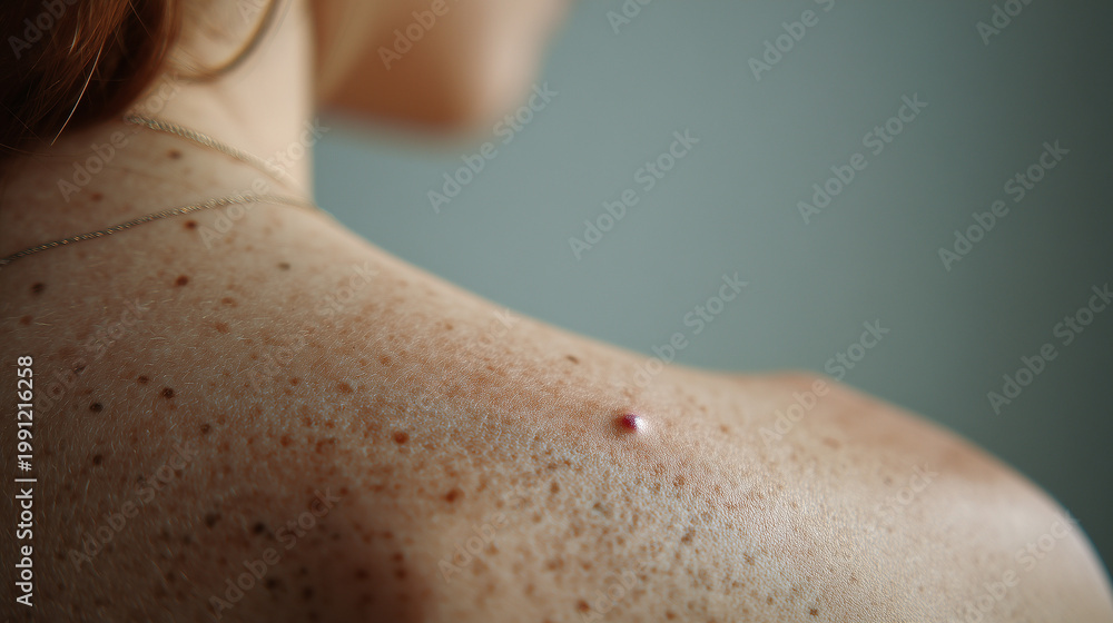 Fototapeta premium Close up of human back skin with moles and small red spots, highlighting dermatology, skin texture, body health, and medical examination concept