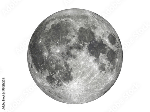 Detailed full moon with visible craters and maria, a celestial body isolated on a clean white background, showcasing its textured surface in sharp focus.