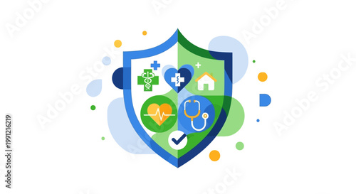 Shield with medical and health icons.