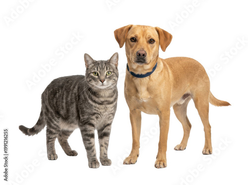 A friendly tabby cat and a golden labrador dog stand side-by-side in a studio portrait with a clean white background.