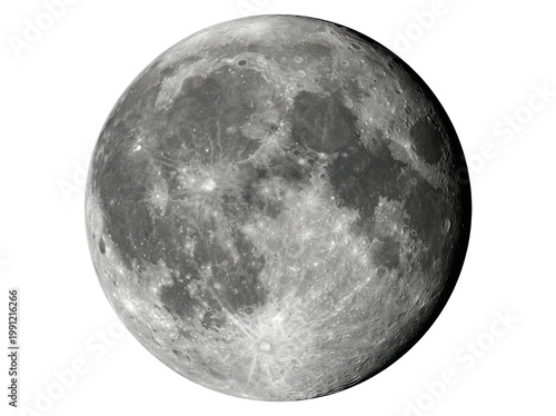 A detailed full moon, showcasing its craters and surface textures, captured in a sharp, high-resolution close-up against a stark white background.