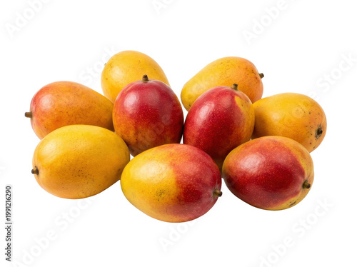 A vibrant cluster of ripe mangoes, showcasing a mix of red and yellow hues, artfully arranged against a clean white background in a studio shot.