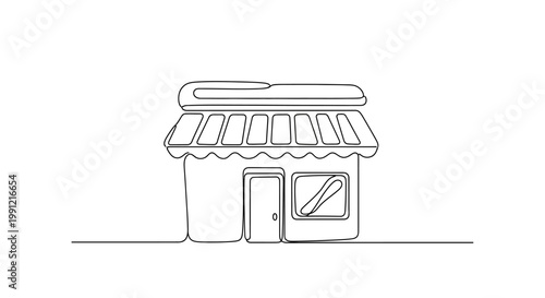 Continuous line drawing of a storefront with awning, door, and window, simple illustration.