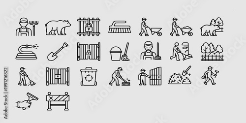 icon set collection of zoo keeper duties, featuring animal habitat cleaning, waste management, safety gates, and professional wildlife enclosure maintenance.
