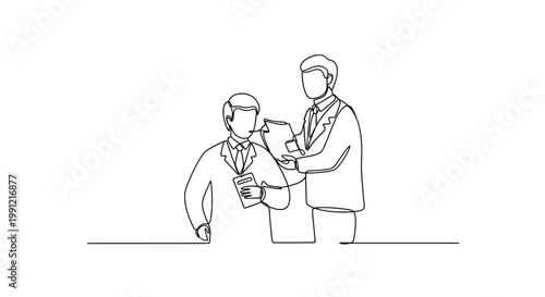 Two businessmen in suits discussing documents, one holding a clipboard, minimalist line art.