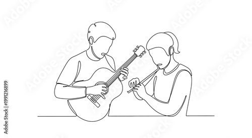 Two people playing guitar and flute in a minimalist line art style