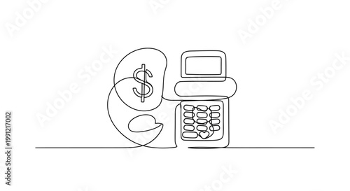 Continuous line drawing of a credit card machine and dollar sign, representing financial transactions.