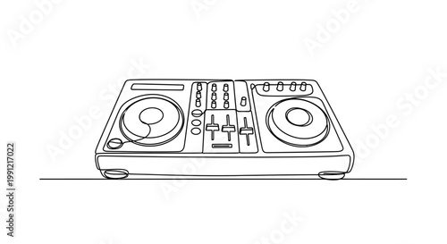 Continuous line drawing of a DJ turntable set, minimalist music equipment illustration