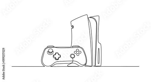 Minimalist Line Art: Modern Game Console and Controller, Gaming Technology